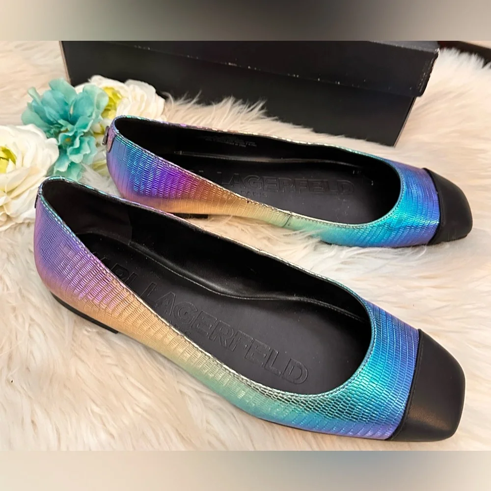Karl Lagerfeld Paris Zayna MultiI Colored Metallic Black Flats Sz 9M NEW! FIRM! - Picture 2 of 10